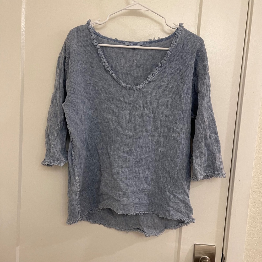 Italian Linen Tempo Paris Blue Tunic Blouse Euro Chic Beachy Coastal V Neck